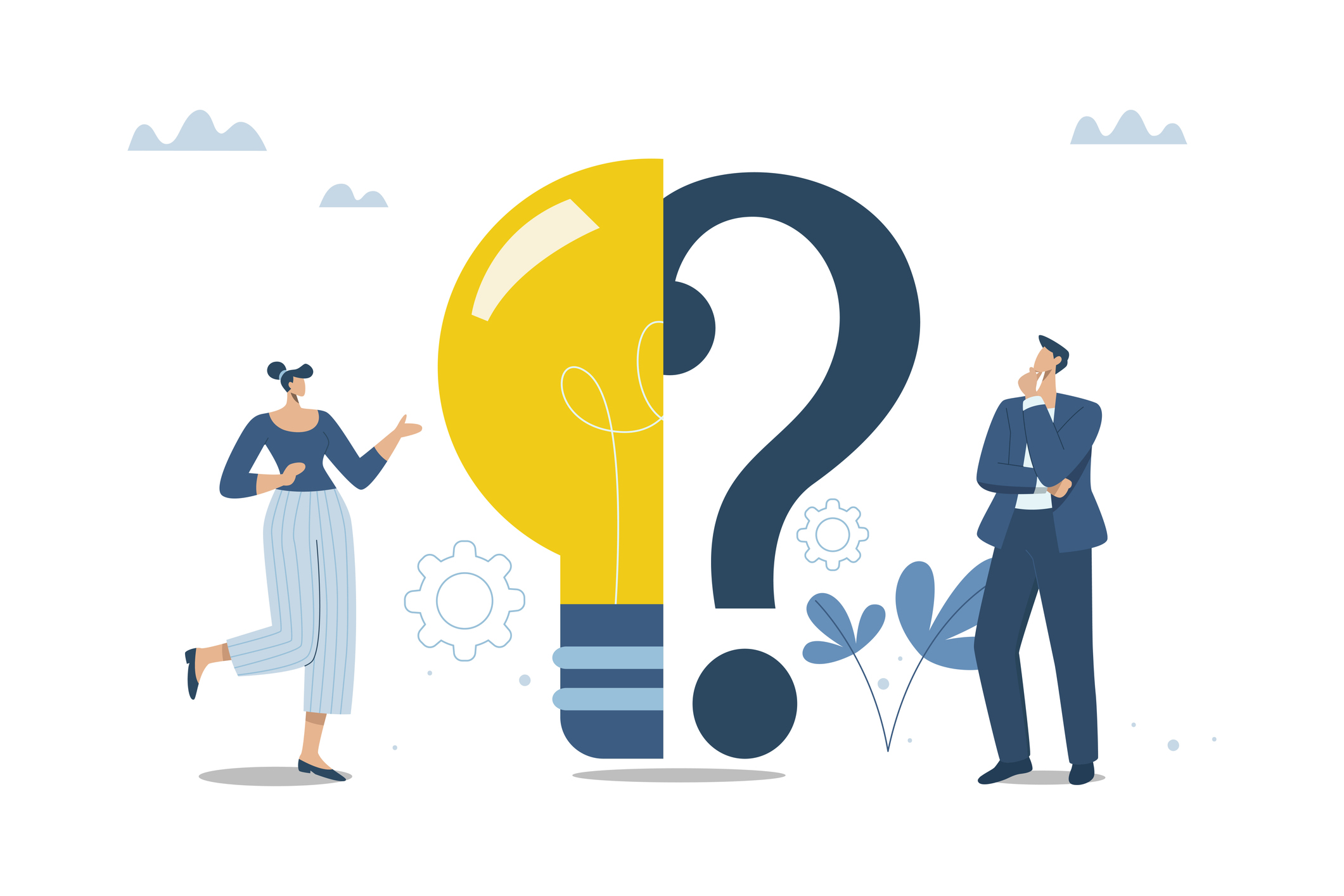 Questions and answers, Problems and solutions, Decisions and business problems, Business decisions that make correctness, Businessmen with organizational problems and using ideas to solve them.